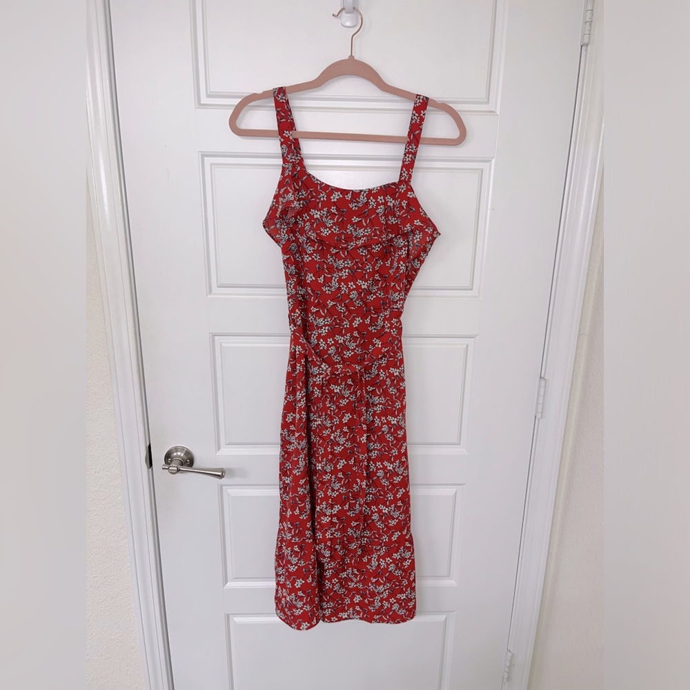 Red and white floral midi dress